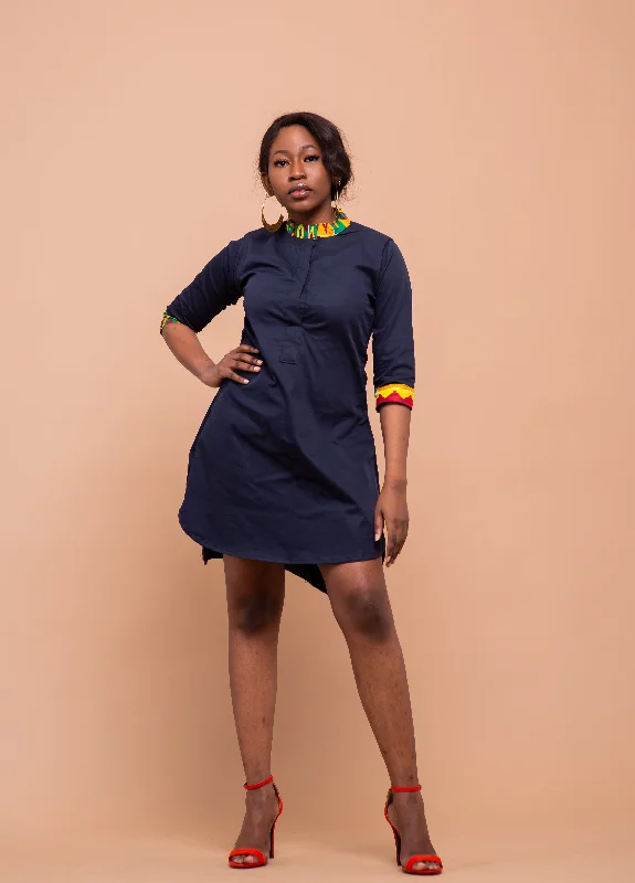 "Sustainable and eco - friendly women's dresses"Dalton Midi Dress | Navy Blue and Ankara Mixed African Print