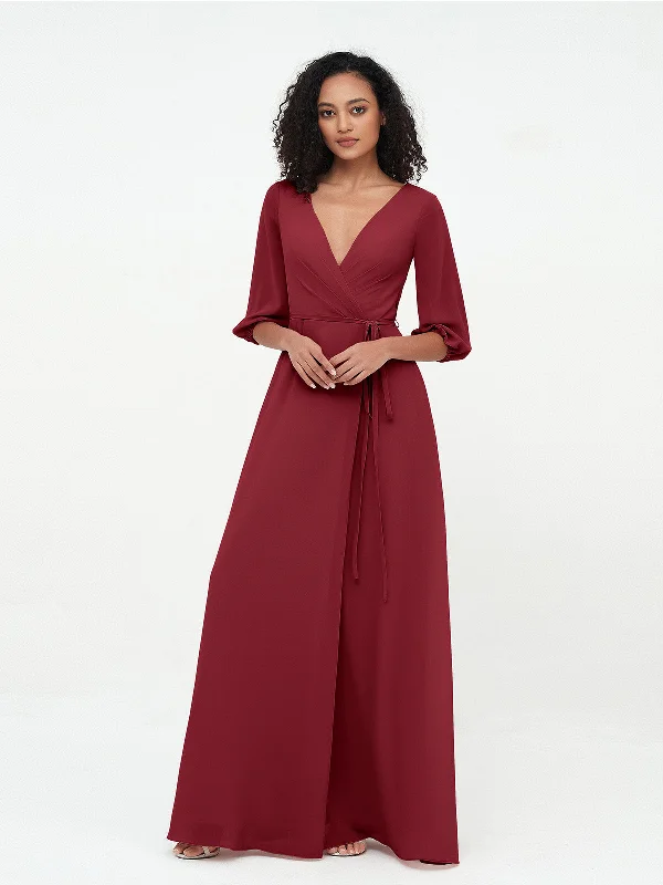"Seasonal Sale: Save Big on Women's Dresses for Every Occasion"Deep V-neck 1/2 Sleeves Chiffon Max Dresses-Burgundy "Seasonal Sale: Save Big on Women's Dresses for Every Occasion"Deep V-neck 1/2 Sleeves Chiffon Max Dresses-Burgundy