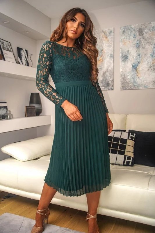 Clearance Sale: Women's Dresses Double Second Green Long Sleeve Lace Pleated Dress Clearance Sale: Women's Dresses Double Second Green Long Sleeve Lace Pleated Dress