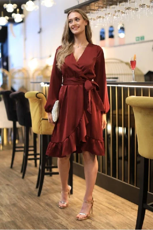 "Off - shoulder dresses for women to show off collarbones"Double Second Red Frill Wrap Dress