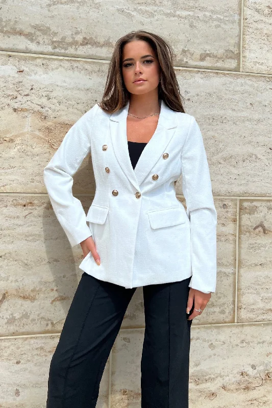 "Off - shoulder dresses for women to show off collarbones"Edith White And Gold Button Detail Blazer "Off - shoulder dresses for women to show off collarbones"Edith White And Gold Button Detail Blazer