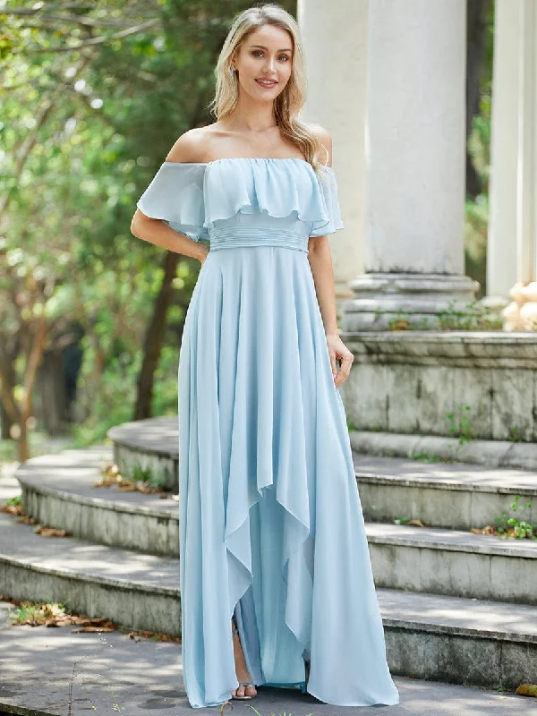 "Satin dresses for women for a luxurious appearance"Elegant Chiffon High-Low Off The Shoulder Bridesmaid Dress