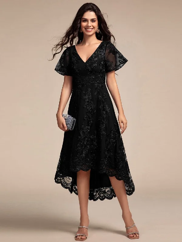 "Maxi dresses for women to wear in the fall"Embroidered Mesh Double V-Neck Short Sleeves Midi Wedding Guest Dress