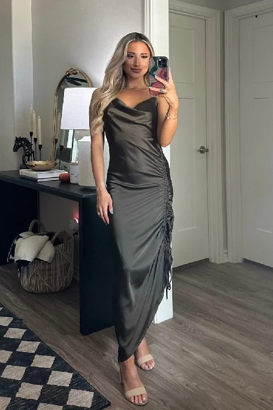 "Long sleeve dresses for women in cold weather"Event of the Season Satin Ruched Midi Dress: Olive "Long sleeve dresses for women in cold weather"Event of the Season Satin Ruched Midi Dress: Olive