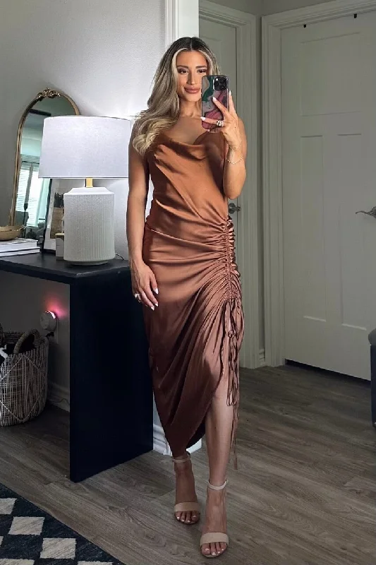 "Mermaid - style wedding dresses for women for a dramatic look"Event of the Season Satin Ruched Midi Dress: Rust "Mermaid - style wedding dresses for women for a dramatic look"Event of the Season Satin Ruched Midi Dress: Rust