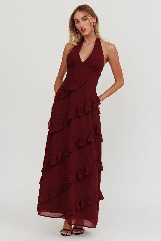 "Sustainable and eco - friendly women's dresses"Flirt Frill Trim Halter Maxi Dress Wine "Sustainable and eco - friendly women's dresses"Flirt Frill Trim Halter Maxi Dress Wine