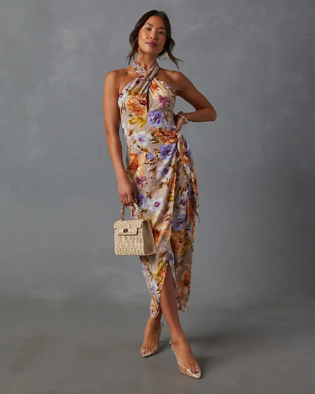 "Elegant wedding guest dresses for women under $100"Floral Beauty Twist Front Halter Midi Dress