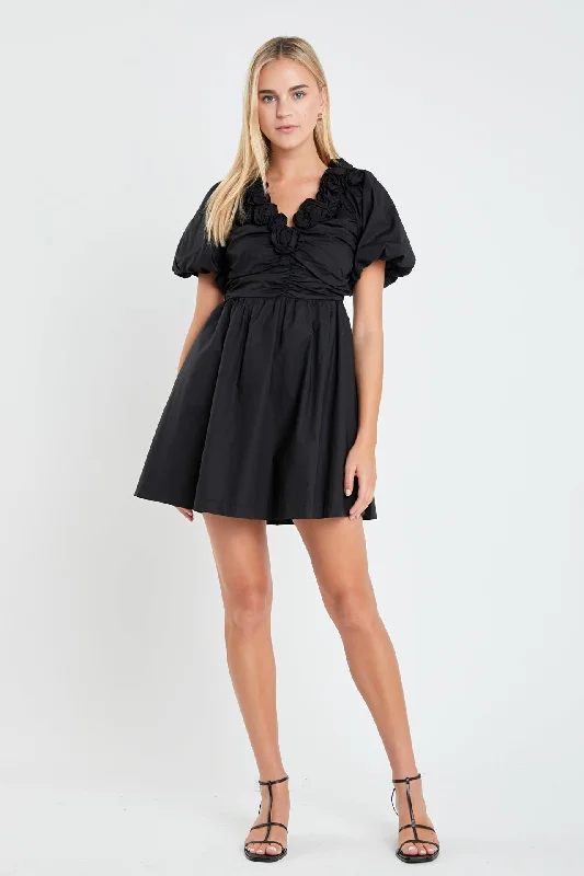 "Denim dresses for women for a casual and cool style"Flower Neckline Puff Sleeve Mini Dress "Denim dresses for women for a casual and cool style"Flower Neckline Puff Sleeve Mini Dress