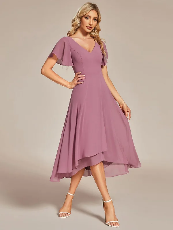 "Short dresses for women for a night out clubbing"Flowing Chiffon V-Neck Ruffle Sleeves Bridesmaid Dress