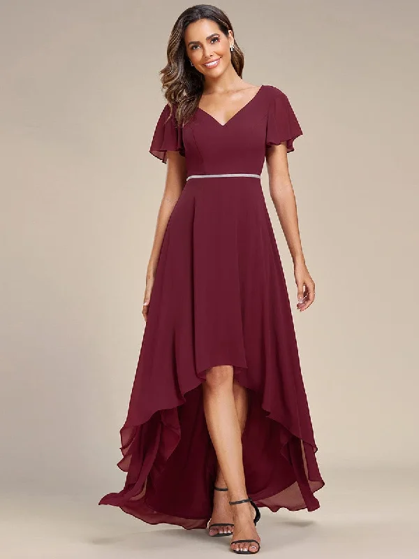 "Beaded dresses for women for a glamorous look"Flowy High-low Chiffon Ruffle Sleeves Bridesmaid Dress