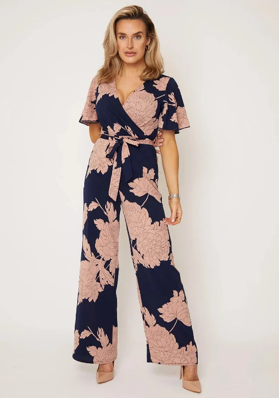 "Petite women's dresses with flattering fits"Girl In Mind Deena Floral Wide Leg Jumpsuit, Navy & Blush