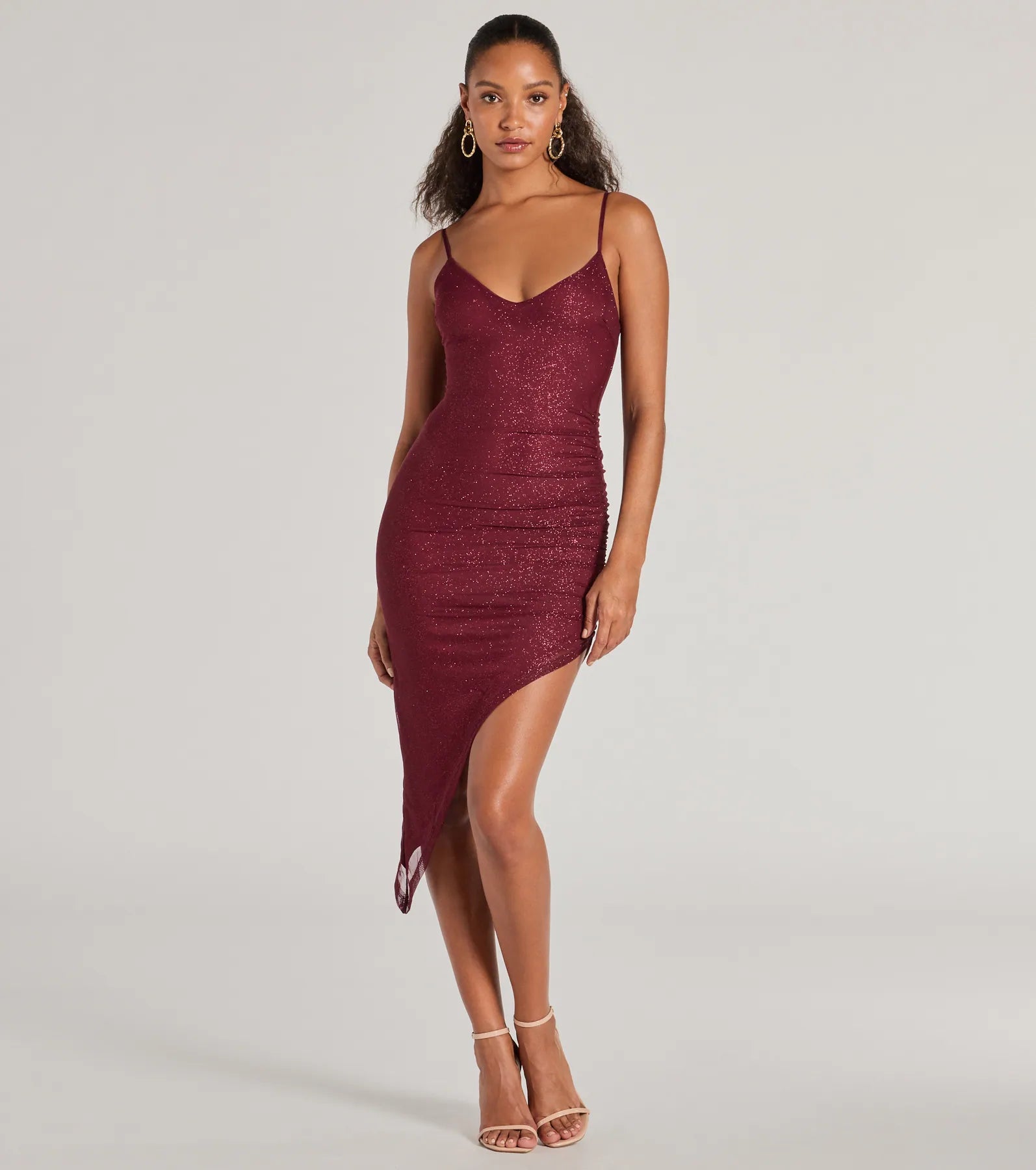 "Plus size formal dresses for women for special events"Glitzy And Glamorous Glitter Mesh Midi Dress