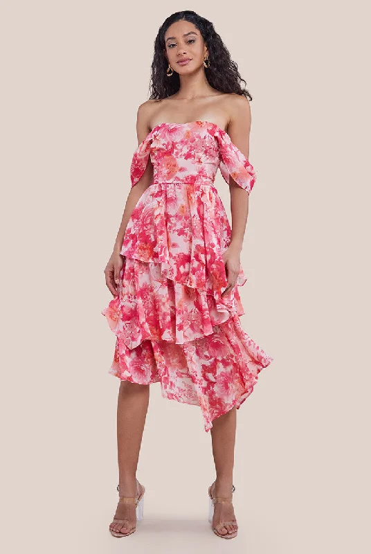 "Mother of the bride dresses for women in elegant styles"Goddiva Bardot Asymmetric Handkerchief Tier Midaxi - Blush "Mother of the bride dresses for women in elegant styles"Goddiva Bardot Asymmetric Handkerchief Tier Midaxi - Blush