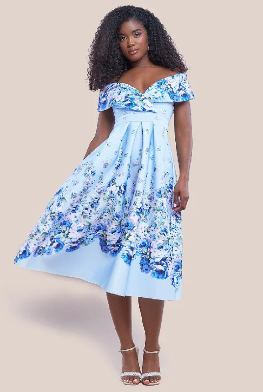 "Work - appropriate dresses for professional women"Goddiva Bardot Floral Print A-Line Scuba Foam Midi Dress - Blue