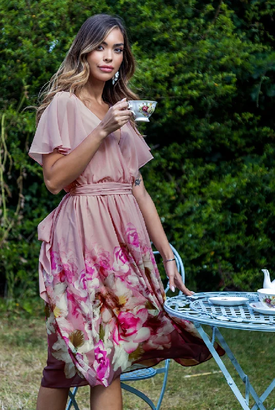 "Homecoming dresses for women to stand out"Goddiva Chiffon Floral Border Print Midi Dress - Blush