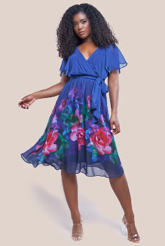 "Striped dresses for women with a classic touch"Goddiva Chiffon Floral Border Print Midi Dress - Navy