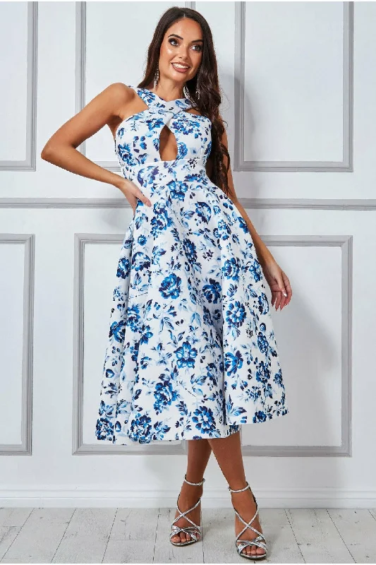 "Buy One, Get One 50% Off on Women's Dresses - Don't Miss Out!"Goddiva Crossover Keyhole Midi Dress - Blue Print