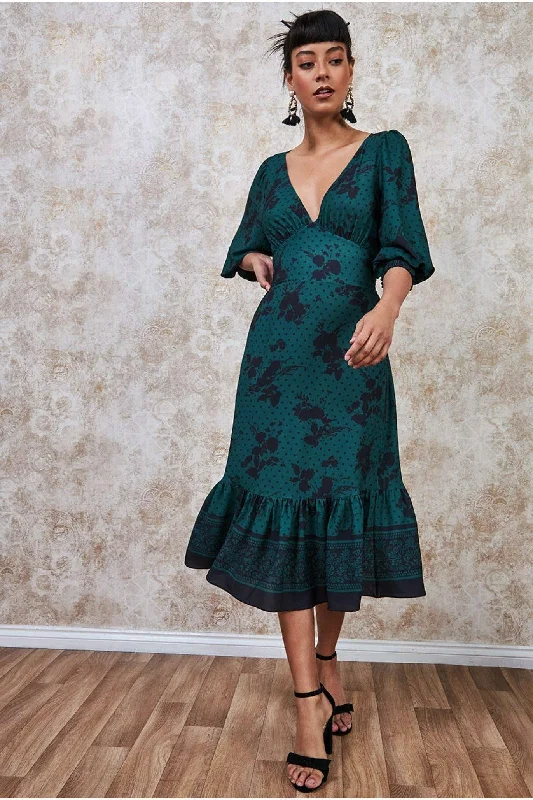 "Buy One, Get One 50% Off on Women's Dresses - Don't Miss Out!"Goddiva Floral Print Puff Sleeve Midi Dress - Emerald Green