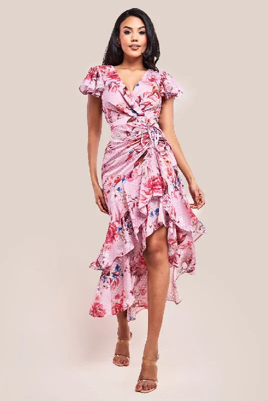 "Ruffled dresses for women for added femininity"Goddiva Floral Wrap High And Low Midaxi Dress - Blush