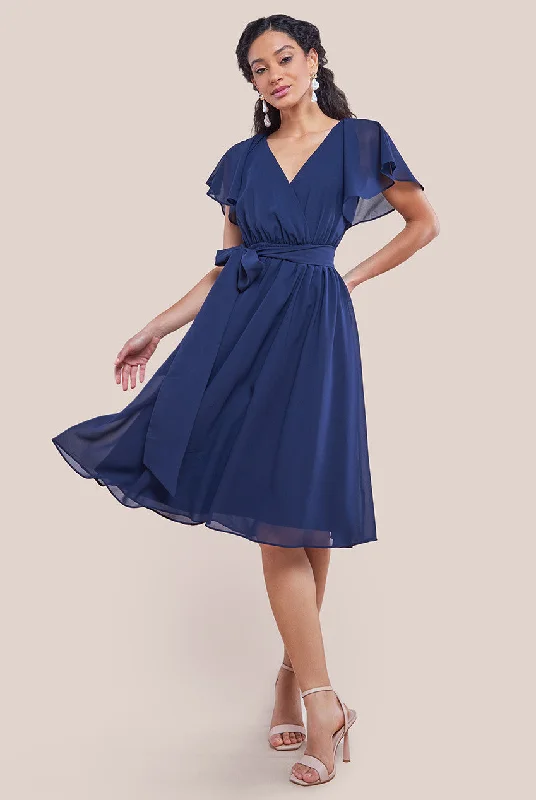 "Trendy casual dresses for women to wear at the beach"Goddiva Sustainable Flutter Sleeve Chiffon Wrap Midi Dress - Navy