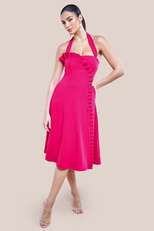 "Work - appropriate dresses for professional women"Goddiva Frilled Halter Neck Strap Midi Dress - Magenta