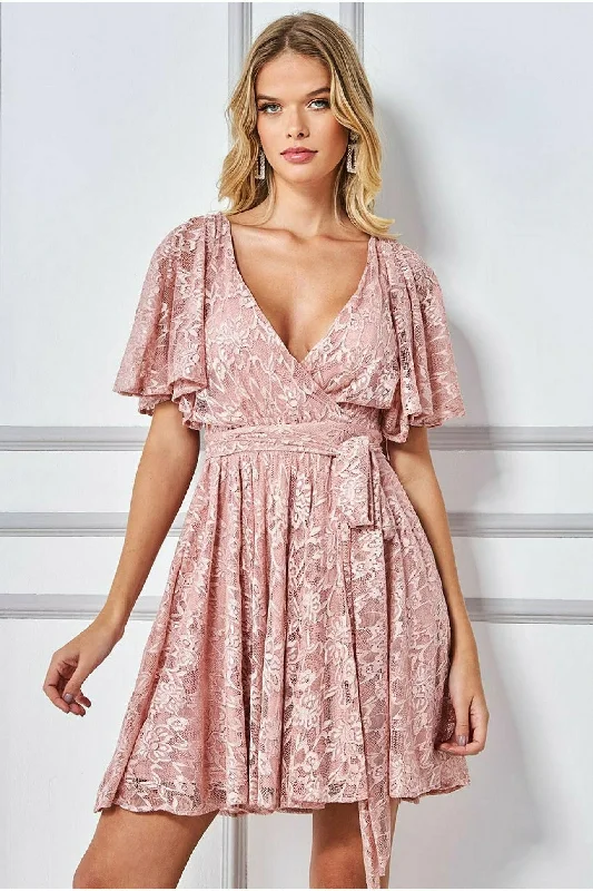 "Flash Sale: Grab Your Favorite Women's Dresses at Unbeatable Prices!"Goddiva Lace Kimono Wrap Skater Mini Dress - Blush