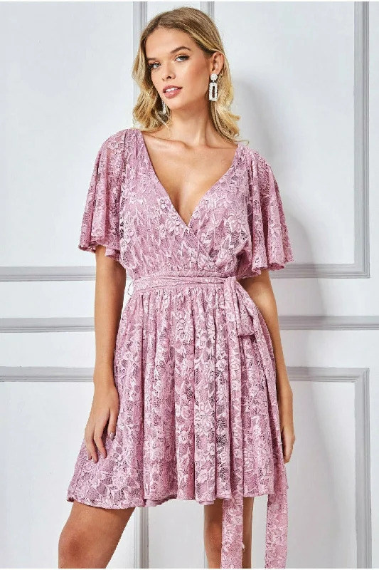 "Bundle and Save: Buy Multiple Women's Dresses and Get a Discount"Goddiva Lace Kimono Wrap Skater Mini Dress - Mauve