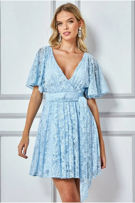 "Sequined dresses for women to shine at parties"Goddiva Lace Kimono Wrap Skater Mini Dress - Powder Blue