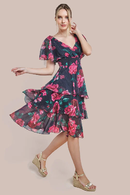 "A - line dresses for women to flatter the figure"Goddiva Layered Floral Midi Flutter Sleeves - Blackfloral