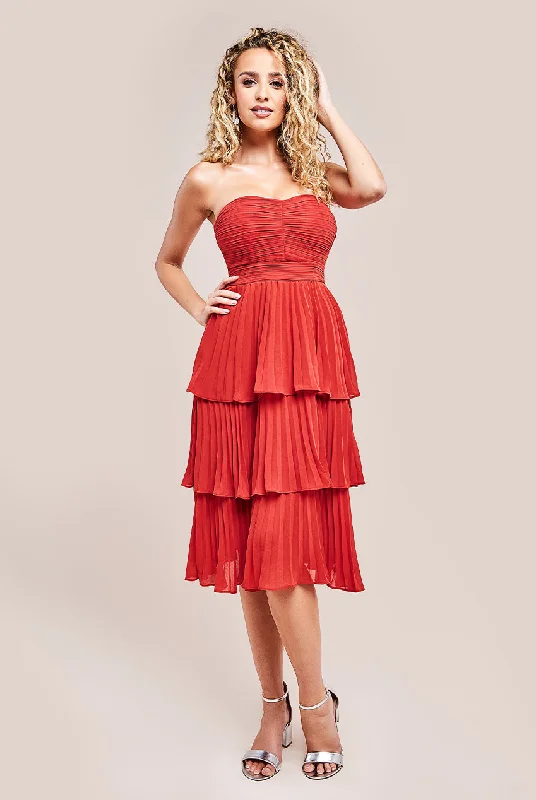 "Limited - Time Offer: Up to 50% Off on Women's Dresses!"Goddiva Pleated Bandeau Bodice Chiffon Tiered Midi - Orange