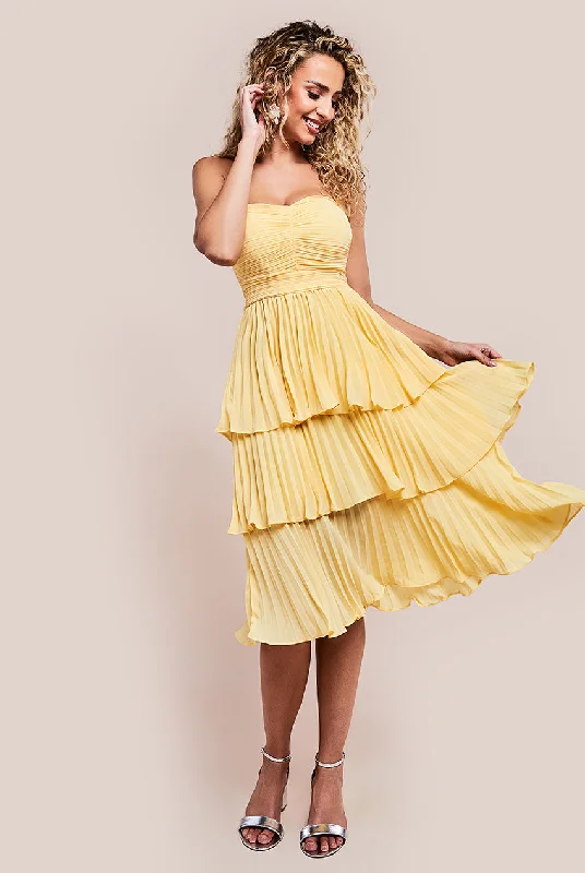 "Satin dresses for women for a luxurious appearance"Goddiva Pleated Bandeau Bodice Chiffon Tiered Midi - Yellow