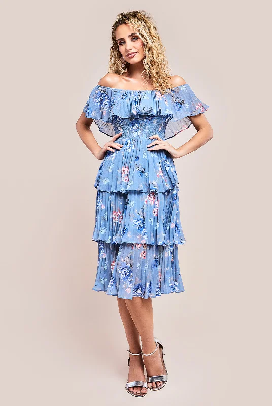 "Buy One, Get One 50% Off on Women's Dresses - Don't Miss Out!"Goddiva Pleated Bodice Chiffon Tiered Midi Dress - Blue