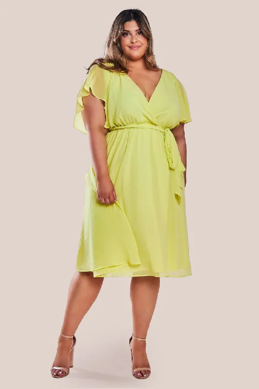 "Work - appropriate dresses for professional women"Goddiva Plus Flutter Sleeve Wrap Midi Dress - Soft Lemon