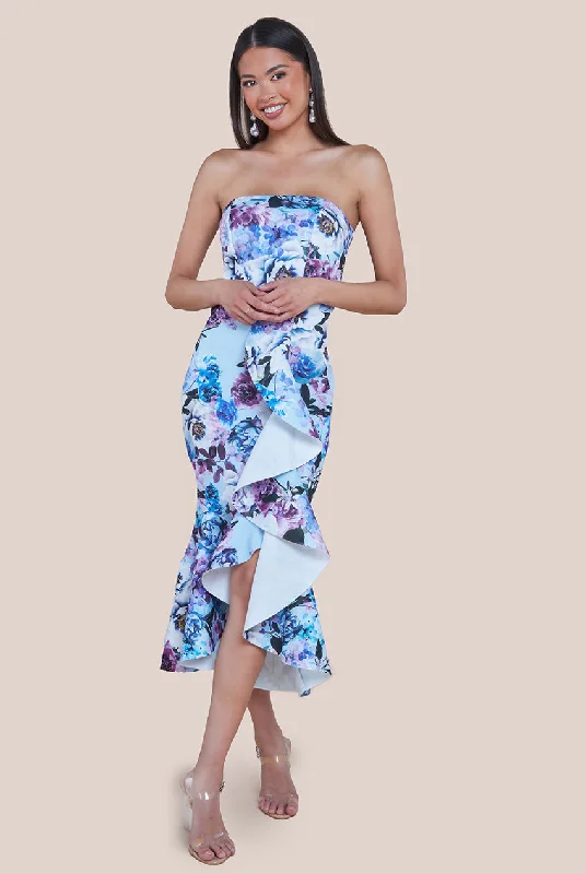 "Wrap dresses for women for an adjustable fit"Goddiva Ruffled Floral Scuba Foam Bandeau Midi Dress - Blue "Wrap dresses for women for an adjustable fit"Goddiva Ruffled Floral Scuba Foam Bandeau Midi Dress - Blue