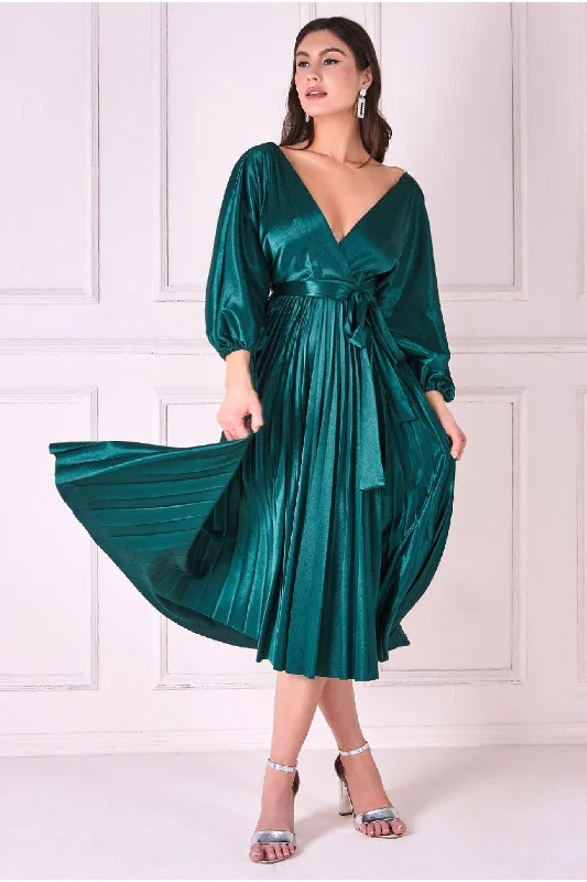 "Long sleeve dresses for women in cold weather"Goddiva Satin Pleated Skirt Wrap Midi Dress - Emerald Green