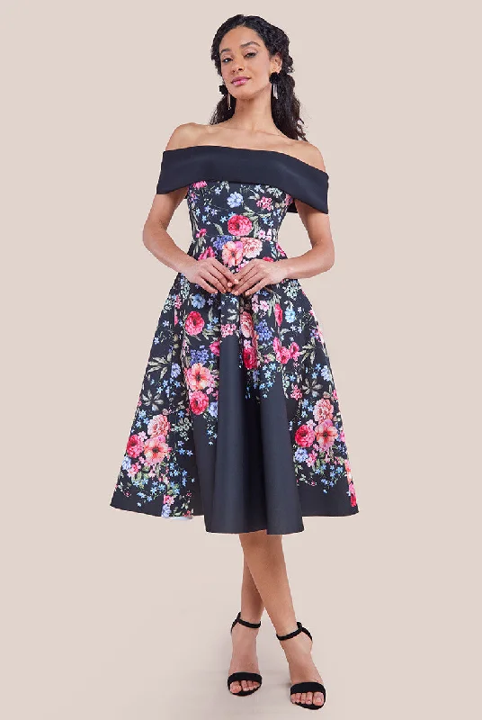 "Short dresses for women for a night out clubbing"Goddiva Scuba Foam Floral Bardot Midi Dress - Black