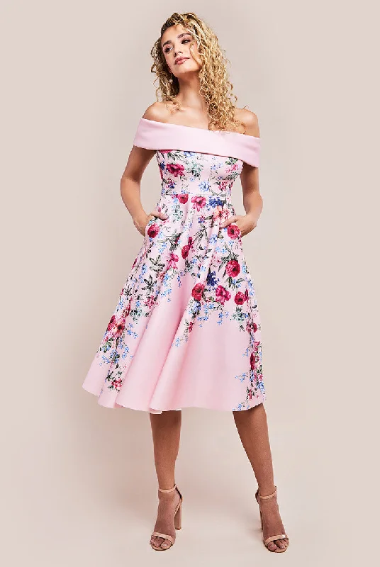 "Wrap dresses for women for an adjustable fit"Goddiva Scuba Foam Floral Bardot Midi Dress - Blush