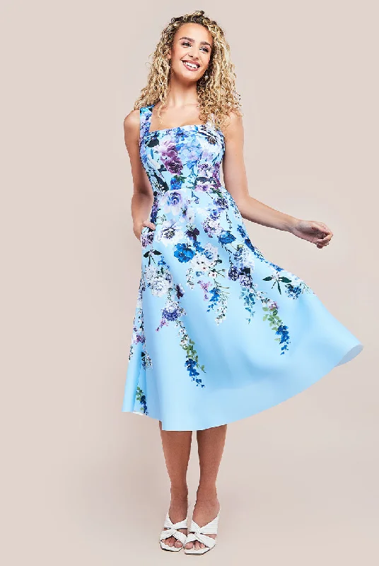 "Animal print dresses for women who love bold styles"Goddiva Scuba Foam Floral Midi Dress - Blue