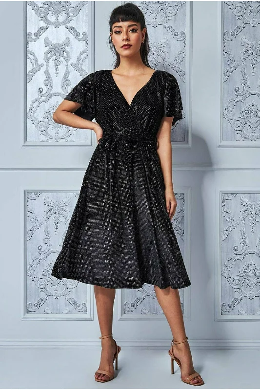 "Striped dresses for women with a classic touch"Goddiva Sparkle Wrap Style Flutter Sleeve Midi Dress - Black