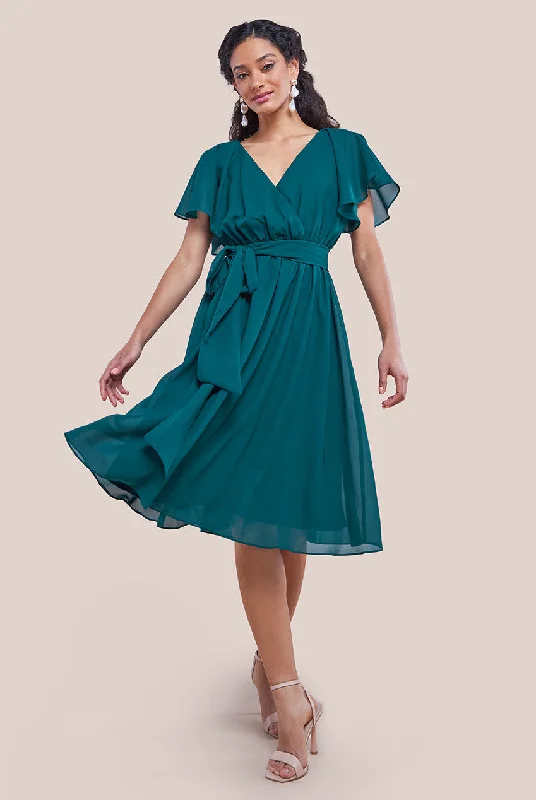 "Homecoming dresses for women to stand out"Goddiva Sustainable Flutter Sleeve Chiffon Wrap Midi Dress - Green