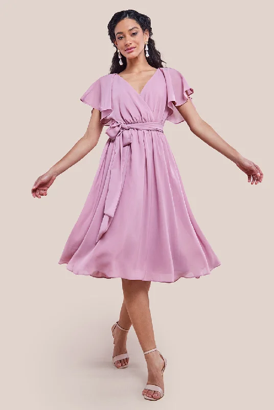 "T - shirt dresses for women for ultimate comfort"Goddiva Sustainable Flutter Sleeve Chiffon Wrap Midi Dress - Lavender