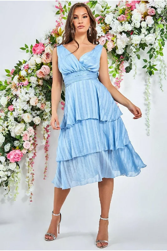 "Beaded dresses for women for a glamorous look"Goddiva Tiered Chiffon Midi Dress - Powder Blue