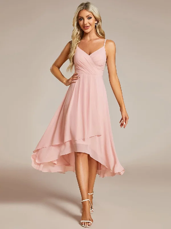 "Floral print dresses for women for a feminine look"High-Low V-Neck Pleated Spaghetti Strap Wedding Guest Dress in Chiffon