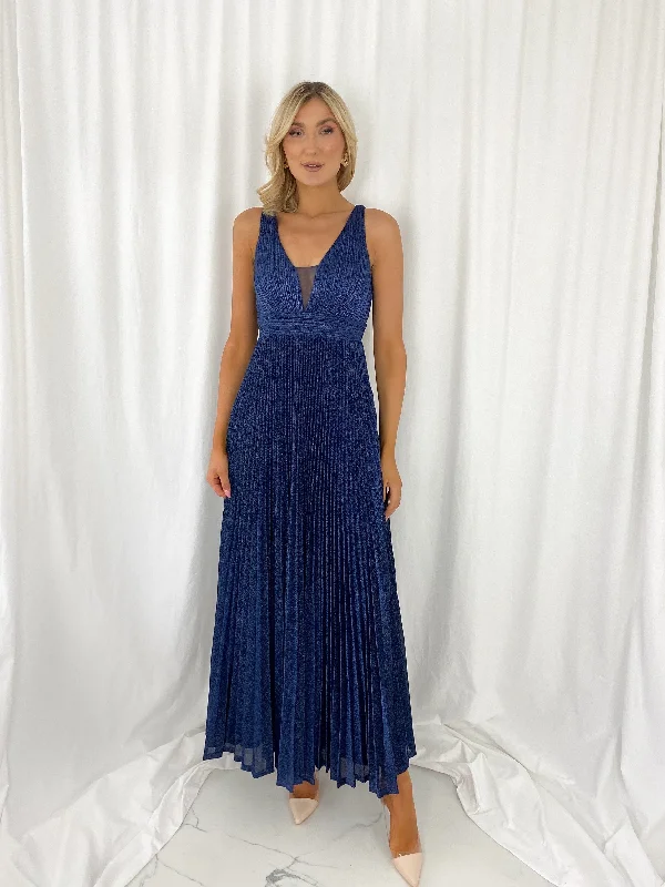 "Off - shoulder dresses for women to show off collarbones"Joely Pleated Maxi Glitter Dress - Navy "Off - shoulder dresses for women to show off collarbones"Joely Pleated Maxi Glitter Dress - Navy