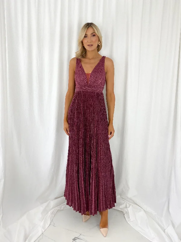 "Wrap dresses for women for an adjustable fit"Joely Pleated Maxi Glitter Dress - Wine "Wrap dresses for women for an adjustable fit"Joely Pleated Maxi Glitter Dress - Wine