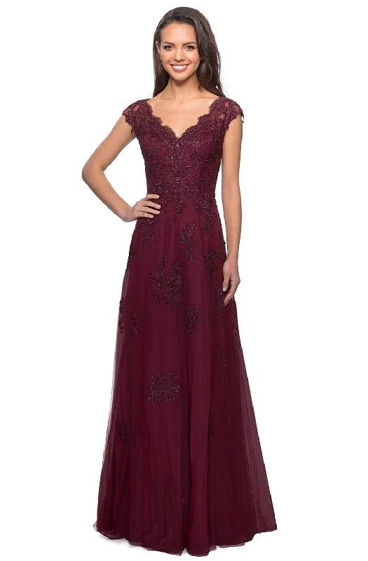 "Mini dresses for women for a youthful and trendy look"La Femme - 26942  V-Neck Floral Lace Mother of the Groom Tulle Gown