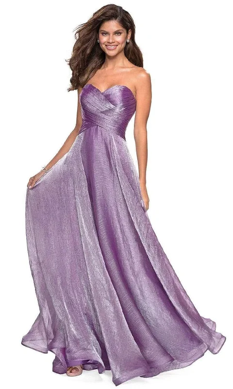 "Denim dresses for women for a casual and cool style"La Femme - 27515 Strapless Sweetheart Metallic Chiffon Prom Dress