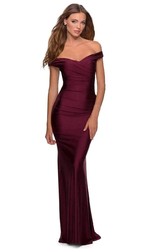 "White dresses for women for a fresh and clean look"La Femme - 28450 Off-Shoulder Ruched Jersey Simple Prom Sheath Dress