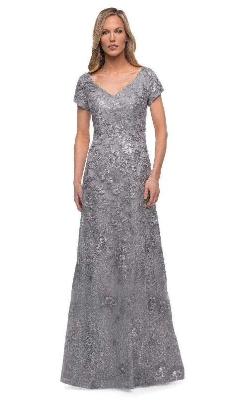 "Polka dot dresses for women with a retro vibe"La Femme - 29291 V Neck Embroidered Modest Dress