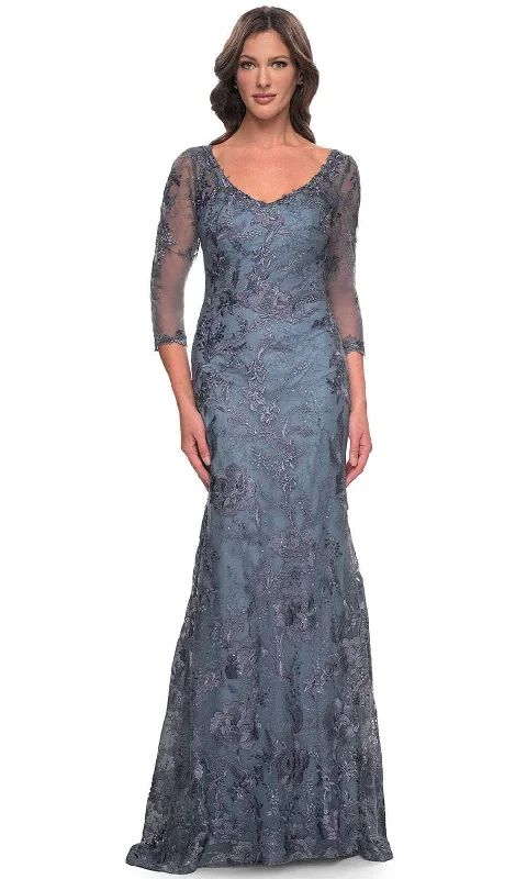 "Denim dresses for women for a casual and cool style"La Femme 30130 - V-Neck Sheath Formal Dress "Denim dresses for women for a casual and cool style"La Femme 30130 - V-Neck Sheath Formal Dress
